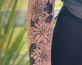 Dahlia Flower Temporary Tattoo: Realistic Black Ink Floral Design