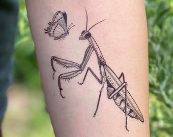 Praying Mantis Temporary Tattoo: Insect & Butterfly Design