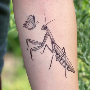 Praying Mantis Temporary Tattoo, Black Line Tattoo, Winged Insect Tattoo, Bug Tattoo, Party Favors