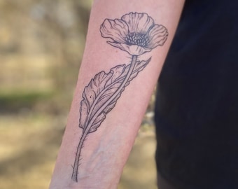 Wild Poppy Temporary Tattoo: Realistic Black Ink Floral Botanical Design