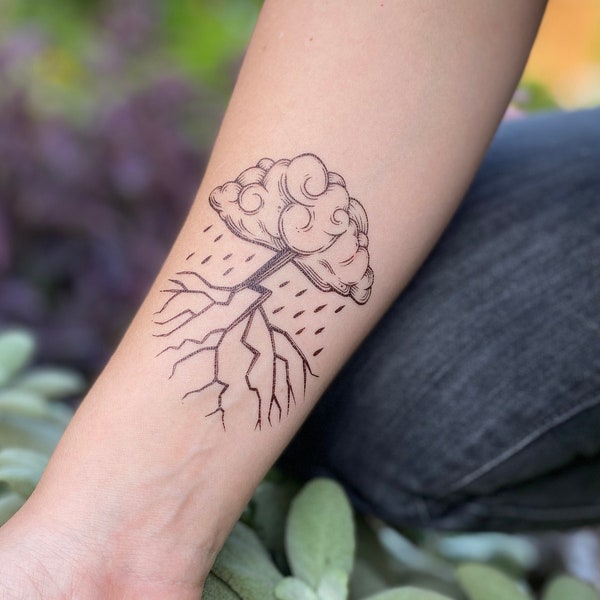 Storm Cloud Temporary Tattoo, Black Line Tattoo, Rain Cloud and Lightning, Nature Gift, Stocking Stuffer