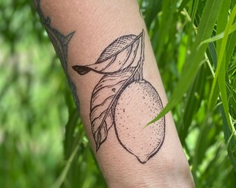 Lemon Temporary Tattoo, Fruit and Vegetable Art, Stocking Stuffers & Party Favors