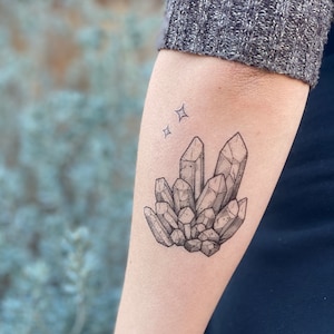 Quartz Crystal Temporary Tattoo: Realistic Black Ink, Hand-Drawn Stone