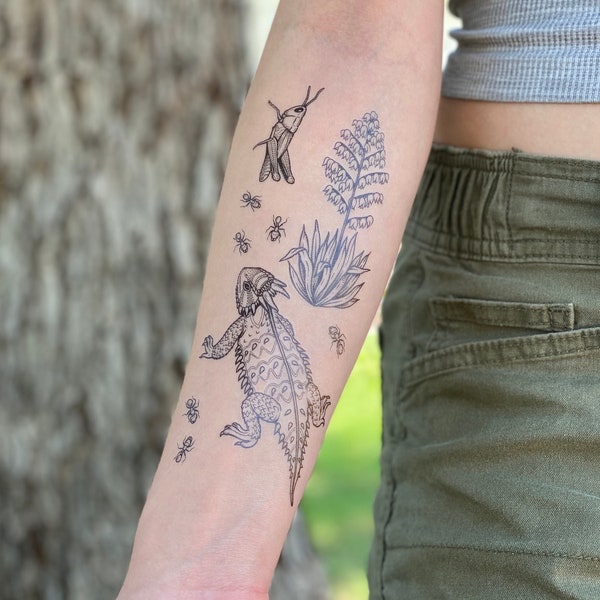 Horned Lizard & Yucca Temporary Tattoo Collection, Horny Toad, Ants, Grasshopper, Yucca Plant, Fake Tattoo Sheet, Desert Party Favors