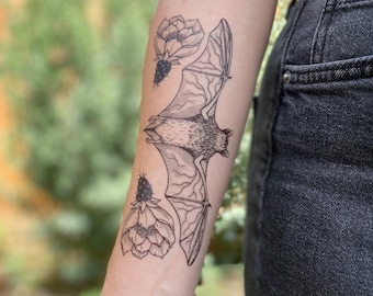 Free-Tailed Bat Temporary Tattoo: Realistic Black Ink With Cactus Flower Design