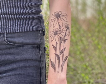 Coneflower Temporary Tattoo: Texas Wildflower Bouquet, Realistic Black Ink