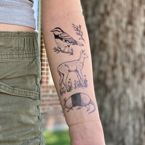Hill Country Wildlife Temporary Tattoo Collection, Texas Wildlife, Golden Cheeked Warbler, Fawn, Deer, Armadillo, Juniper Tree, Nature Party