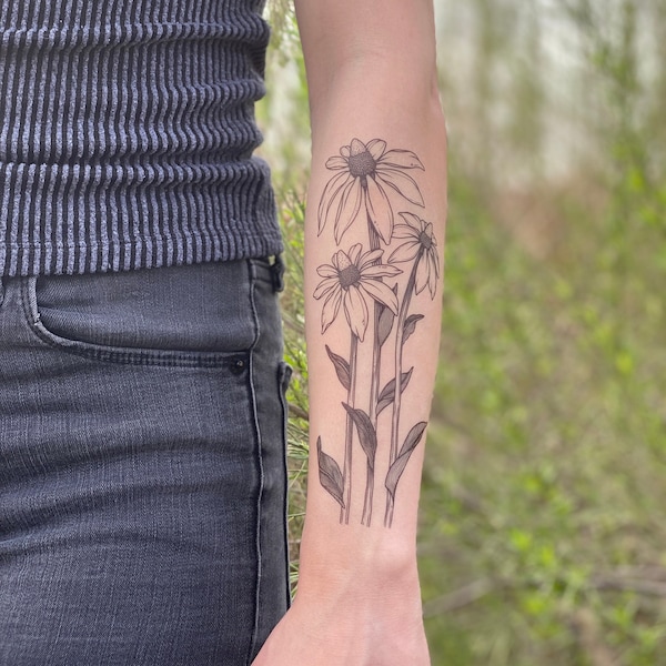 Sonnenhut temporäres Tattoo, Texas Wild Flower Tattoos, Floral Tattoo, Natur Tattoo, Frühling Tattoo, Sommer Tattoo