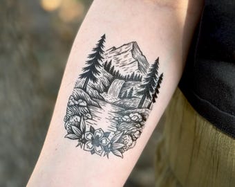 Mountain Waters Temporary Tattoo: Alpine Landscape, Waterfall, River, Nature Design