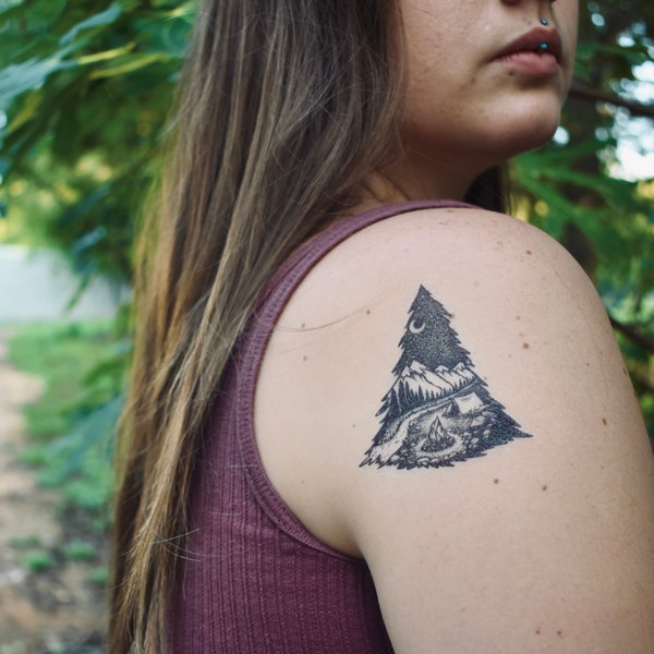 Mountain Camping, Pine Forest, Tent, Campfire, River Temporary Tattoo, Black Line, Nature Gift, Stocking Stuffer