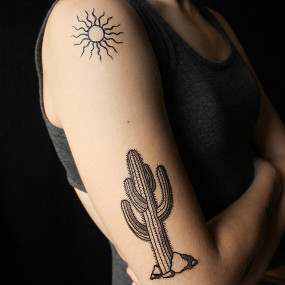 Saguaro Cactus Stone Temporary Tattoo Desert Scene Succulent Plants Black Line Drawing Nature Tattoo