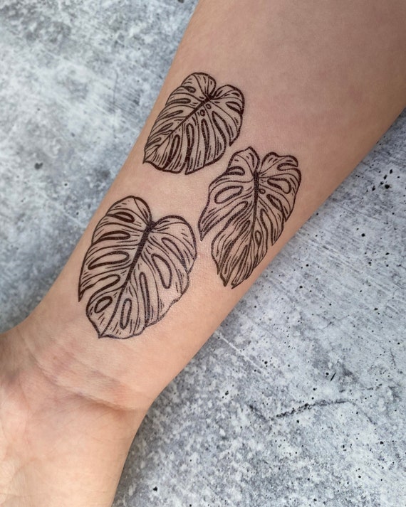 Monstera Leaf Temporary Tattoo: Realistic Black Ink Tropical