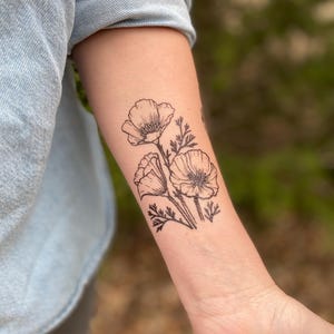 Poppy Flower Temporary Tattoo, Golden Poppy, Black Ink Tattoo Design, Floral Tattoo, Wild Flower, California Poppy, Nature Gift