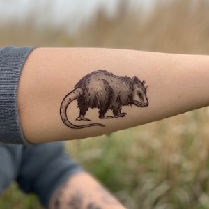 Opossum Temporary Tattoo, Black Ink Possum, Forest Animal Tattoo, Nature Tattoo, Stocking Stuffer, Weird Gift image 1