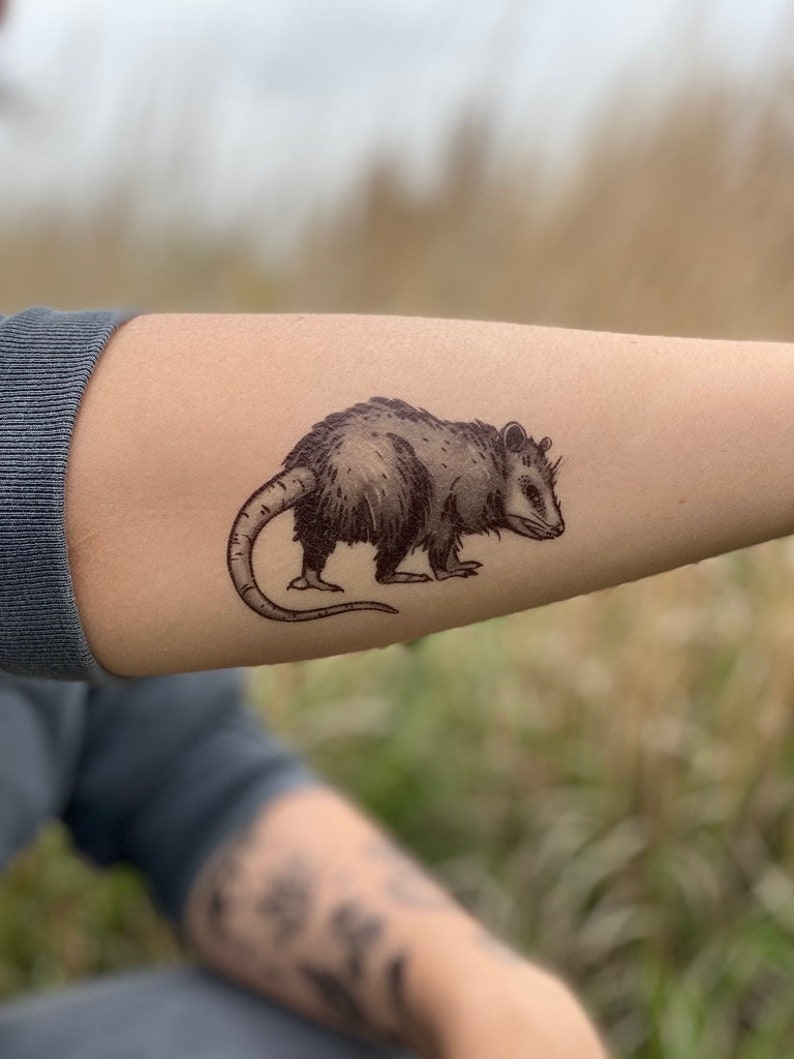 Opossum Temporary Tattoo, Black Ink Possum, Forest Animal Tattoo, Nature Tattoo, Stocking Stuffer, Weird Gift image 1