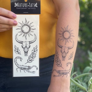 Sunlit South Temporary Tattoo Collection, Sun Rays, Bull Skull, Scorpion, Texas Sage Flowers, Fake Tattoo, Black Ink With Pops of White