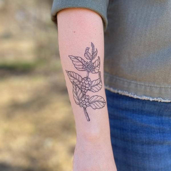 Coffee Plant Temporary Tattoo, Black Line Tattoo, Botanical, Nature, Coffee Lover Gift