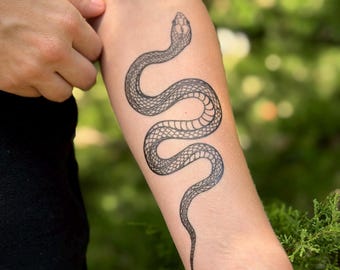 Garden Snake Temporary Tattoo: Realistic Serpent Design, Hand-Drawn, Fake Tattoo