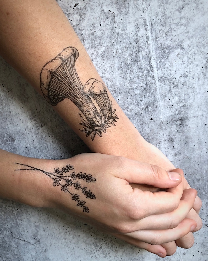 Chanterelle Mushroom Temporary Tattoo Black Line Tattoo Wild Etsy