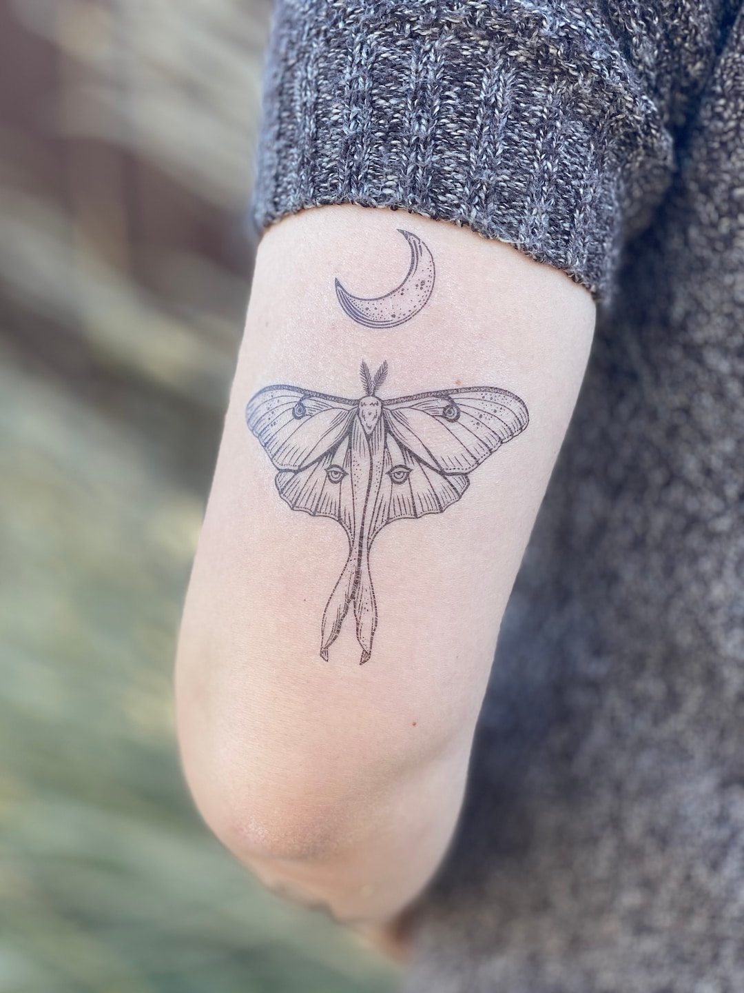 Luna Moth Temporary Tattoo, Black Line Tattoo, Winged Insect, Bug