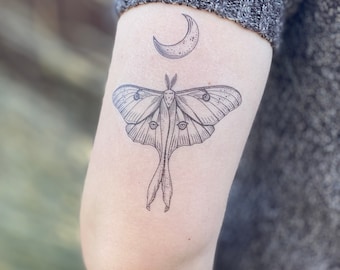Luna Moth Temporary Tattoo, Black Line Tattoo, Winged Insect, Bug Tattoo, Symmetrical Tattoo, Stocking Stuffer