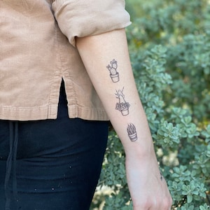 May include: A person's arm with three potted plant tattoos. The tattoos are in black ink and feature a cactus, a leafy plant, and a succulent.