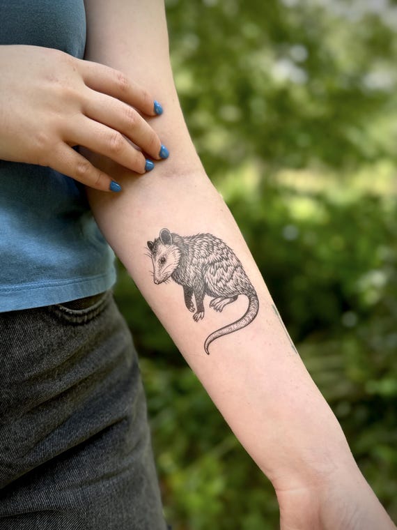 Opossum Temporary Tattoo, Black Ink Possum, Forest Animal Tattoo, Nature Tattoo, Stocking Stuffer, Weird Gift