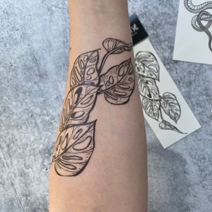 May include: Black and white temporary tattoo of a monstera plant with large leaves.