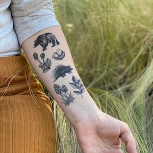 Forest Forage Temporary Tattoo Sheet: Bear, Porcupine, Morel Mushroom, Realistic Black Ink