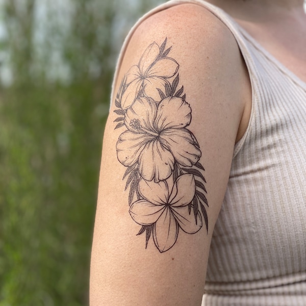 Tatouage temporaire floral tropical, Hibiscus Tattoo, Plumeria Tattoo, Nature Tattoo, Spring Tattoo, Summer Tattoo