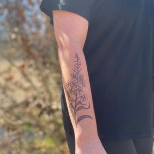 Fireweed Flower Temporary Tattoo: Realistic Black Ink Wildflower Nature