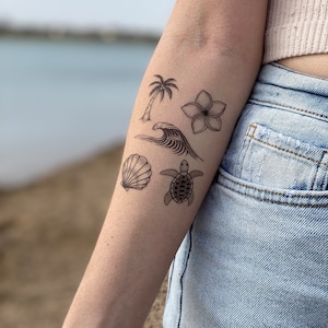 Beach Life Temporary Tattoos – Ocean Wave, Sea Turtle, Palm Tree, Plumeria – Tropical Vacation Tattoo Sheet – Mini Collection