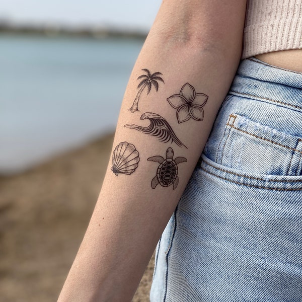 Beach Life Temporary Tattoos, Ocean Wave, Sea Turtle, Plumeria, Palm Tree, Shell, Nature Tattoo Sheet Gift