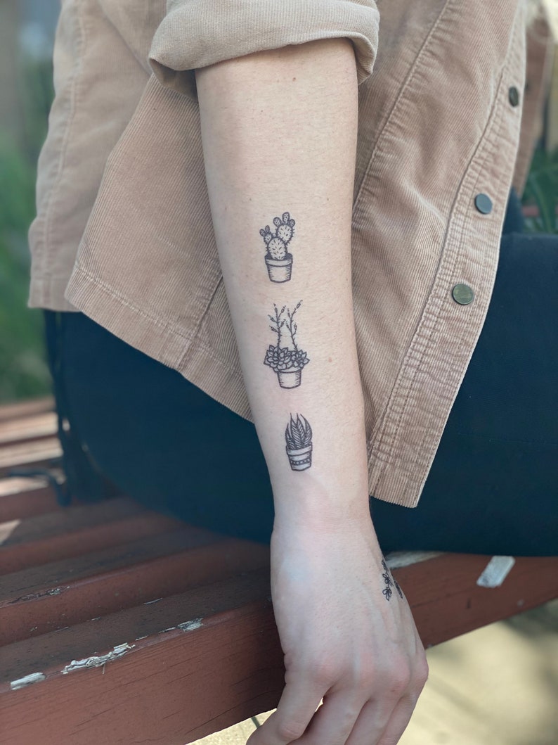 May include: A person's forearm with three small potted plant tattoos. The tattoos are in black ink and feature a cactus, a succulent, and a snake plant.