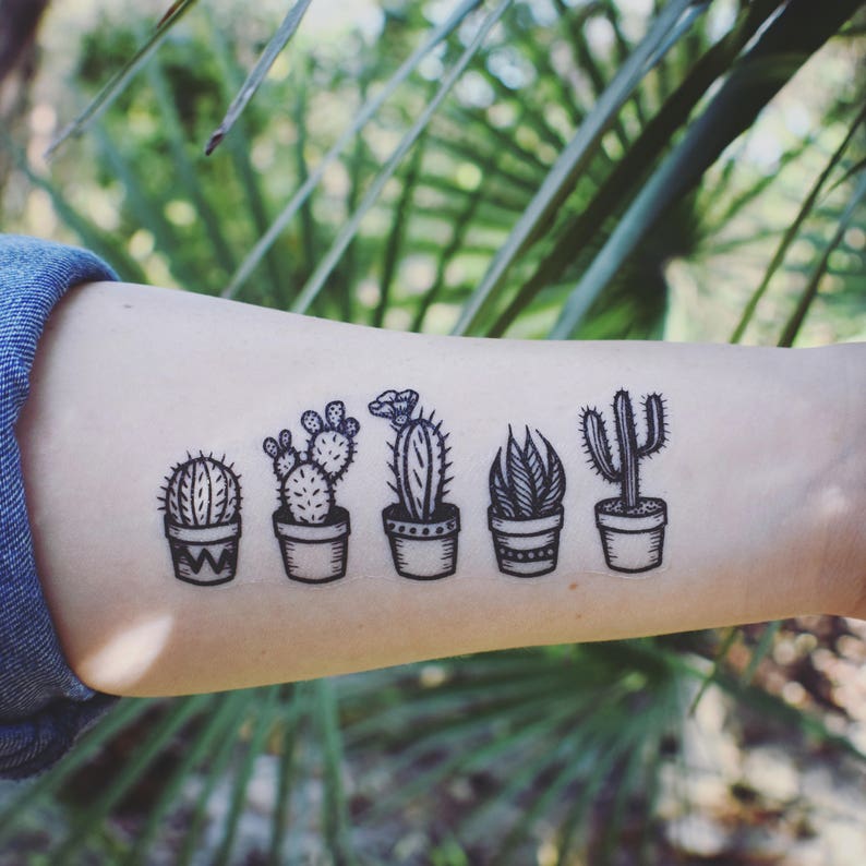May include: A black and white line drawing of five potted cacti on a person's arm. The cacti are drawn in a simple style and are all different shapes and sizes.