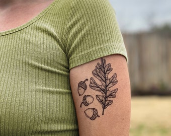 Acorn and Oak Leaves Temporary Tattoo, Nature Lover Gift, Stocking Stuffers & Party Favors