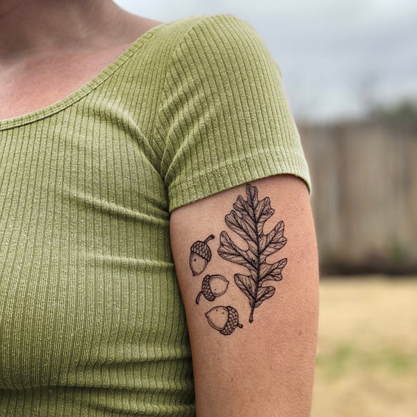 Acorn and Oak Leaves Temporary Tattoo, Nature Lover Gift, Stocking Stuffers & Party Favors