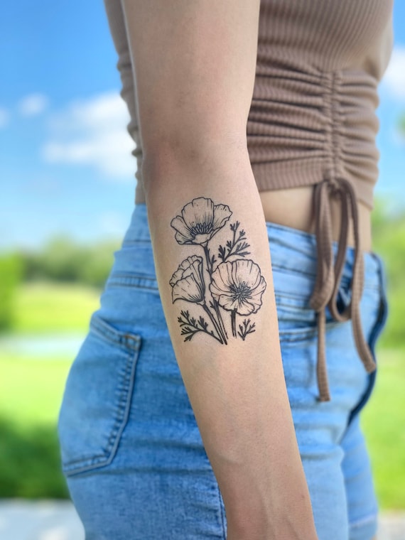 Tatuaje temporal de flor de amapola, amapola dorada, diseño de tatuaje de tinta  negra, tatuaje floral, flor silvestre, amapola de California, regalo de la  naturaleza -  España