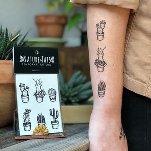 Potted Cactus Temporary Tattoos, Succulent House Plants, Black Line Drawing, Nature Tattoo, Stocking Stuffer