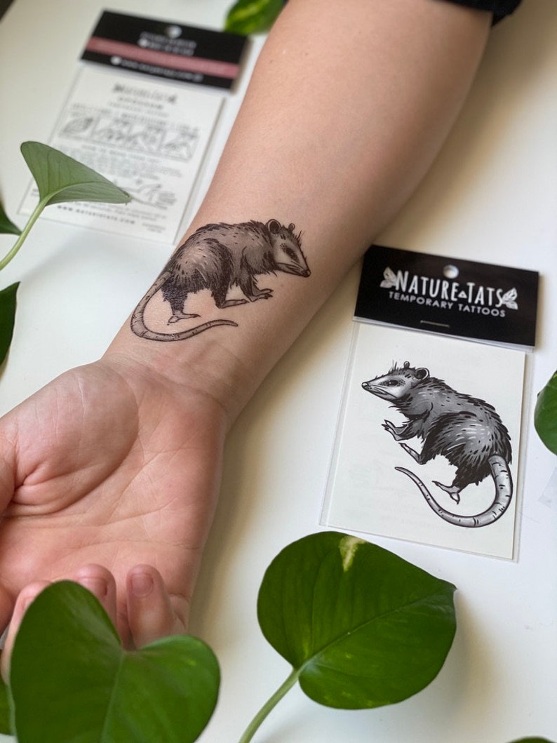 Opossum Temporary Tattoo, Black Ink Possum, Forest Animal Tattoo, Nature Tattoo, Stocking Stuffer, Weird Gift image 3