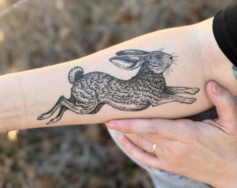 Jackrabbit Temporary Tattoo: Black Linework Hare Tattoo, Desert Wildlife Animal Design