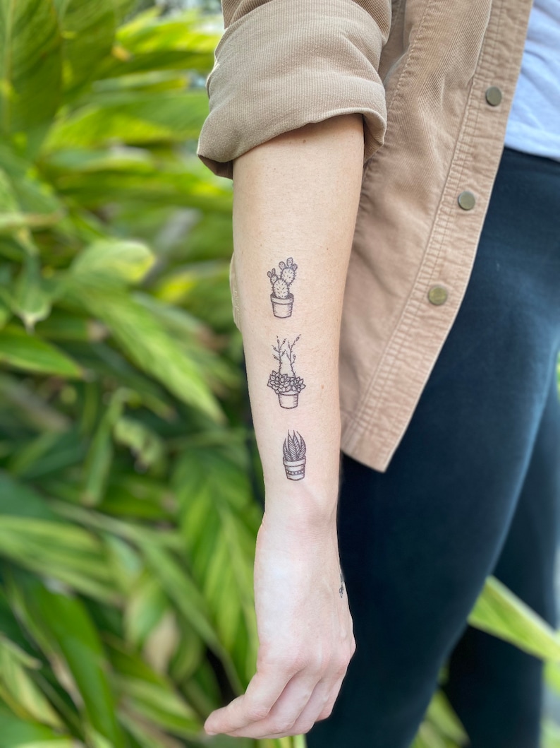 May include: A person's forearm with three small black and white tattoos of potted plants. The tattoos are in a vertical line, with a cactus at the top, a leafy plant in the middle, and a succulent at the bottom.