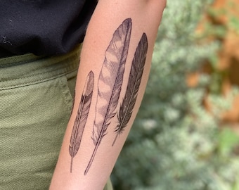 Feather Finds Temporary Tattoo: Realistic Black Ink Hawk, Mockingbird, Raven