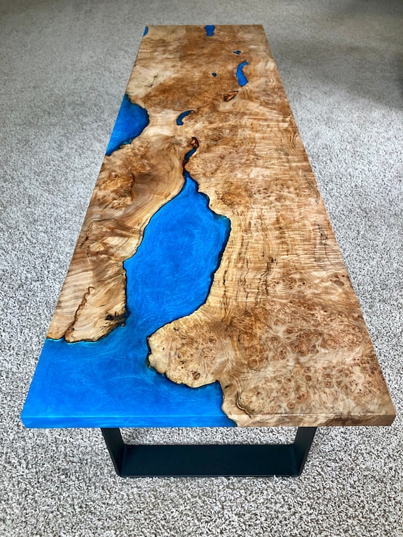 Maple Burl Coffee Table Blue Epoxy Resin River Modern Industrial