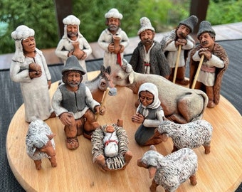 Hand Carved Nativity, Christmas Holy Birth Decorations - 14 Piece set