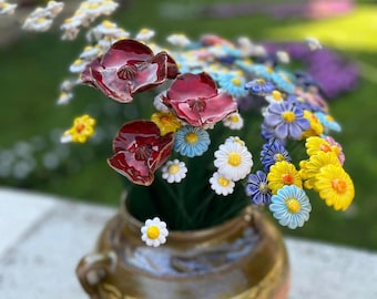 Ceramic flowers on steam. Handmade. Garden flowers. Decor. Gifts. Flowers Stems. Handmade Art