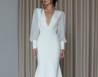 V Neck Long Sleeve Mermaid Wedding Dress Modern Open Back Crepe Wedding Dress Minimalist Fitted Deep Plunging Neckline Wedding Gown FLORENCE Etsy