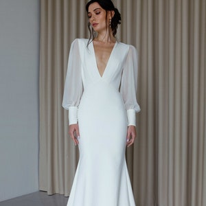 V neck long sleeve mermaid wedding dress Modern open back crepe wedding dress Minimalist fitted deep plunging neckline wedding gown FLORENCE image 1