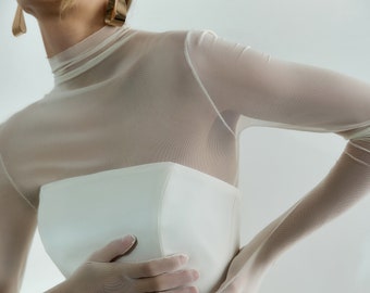 Braut Handschuh Ärmel Rollkragen top Stretch Tüll Mockneck Top Braut trennt Mesh Hochzeit Top mit Handschuhen PEARL