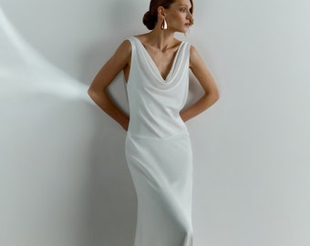Satin cowl neck wedding dress Minimalist slip wedding dress Bias cut sheath wedding dress Cowl back bridal gown Beach wedding dress JOAN